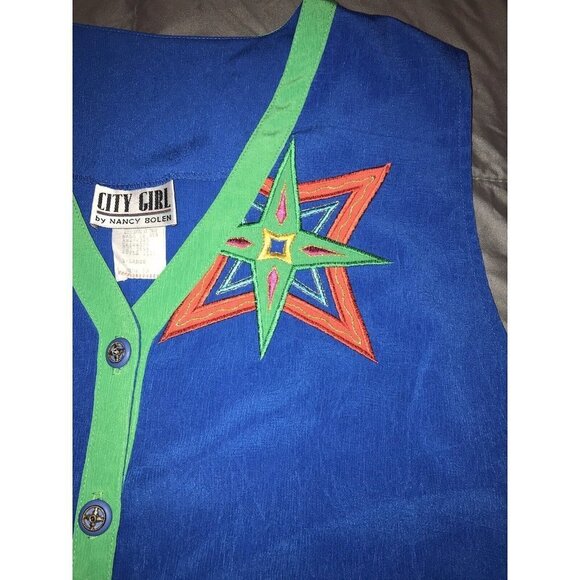 City Girl By Nancy Bolen Womens 80s Abstract Vest Embroidered Star Bling Buttons - Picture 6 of 8